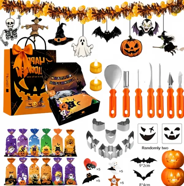 Pumpkin Carving Kit for Kids, 7 Easy Halloween Pumpkin Carving Tools Set, 2 LED Candles, 10 Carving Stencils & 20 Halloween Cellophane Candy Bags