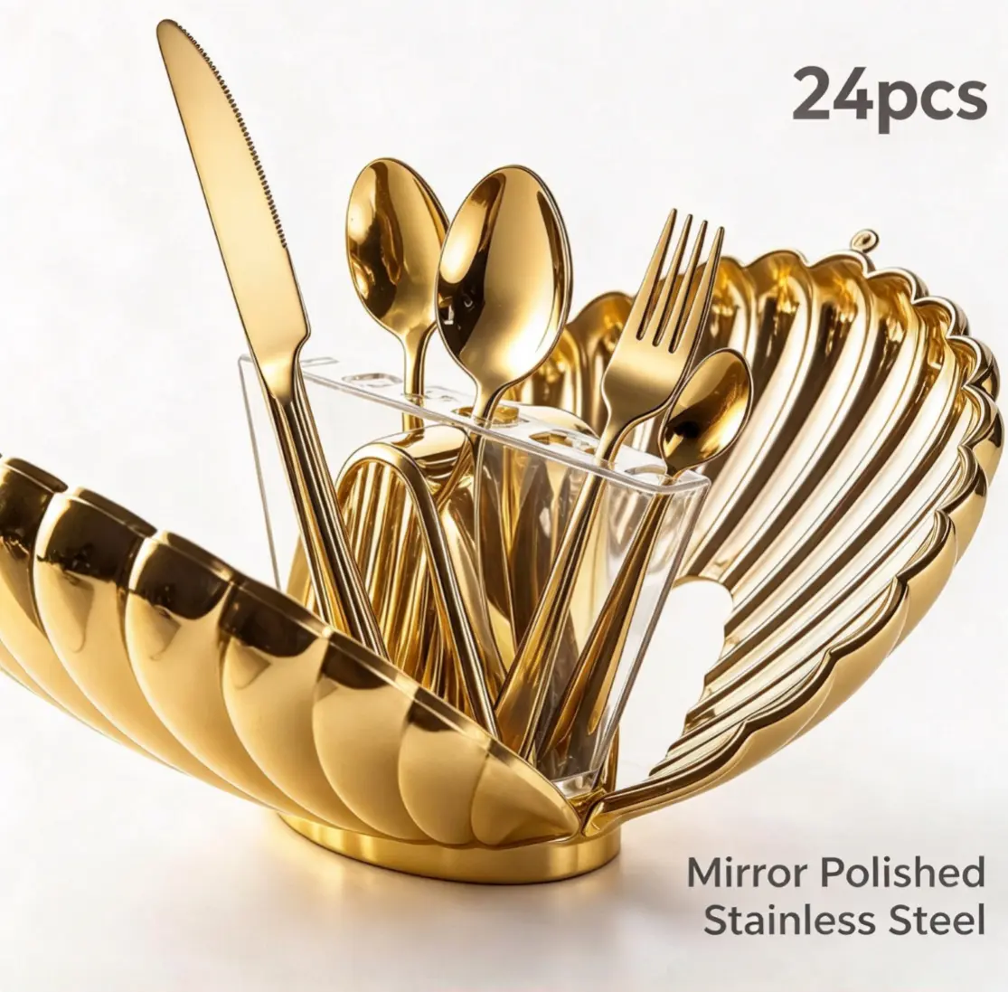 24pcs stainless steel cutlery set with a creative shell storage rack, Western-style tableware suitable for restaurants and home decor, non-fading gold knives, forks, and spoons, rustproof cutlery, ideal for family dinners and parties, mirror-finish go