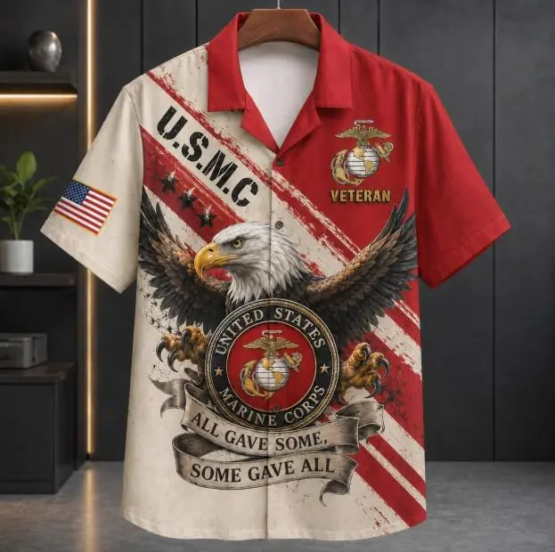 Veteran United States Marine Corps Hawaiian Shirt Button Down Eagle Vintage