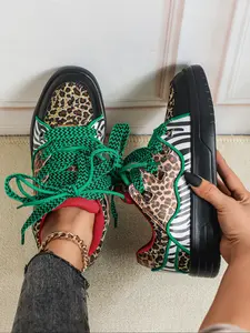 Women's New Trendy Colorblock Leopard Print Casual Sneakers, Street Style, Lightweight Build Breathable Materials Low Top Design Lace-Up Skate Shoes, Casual Sporty Sneakers