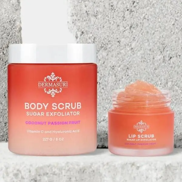 Dermasuri Natural Body & Lip Polish Set with Sugar & Hyaluronic Acid for Hydration Boost - Non Toxic Formula for Smooth Skin & Radiant Lips, Coconut Passion Fruit for Adults