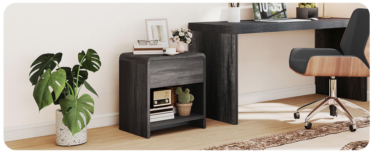 AMERLIFE 2 Different Style Modern Night Stand with Storage Drawer & Open Shelves, Small Nightstand & Bedside Table with Open Shelf, Curved Profile Design & Pine Handles, Wood End Table for Bedroom, Living Room,