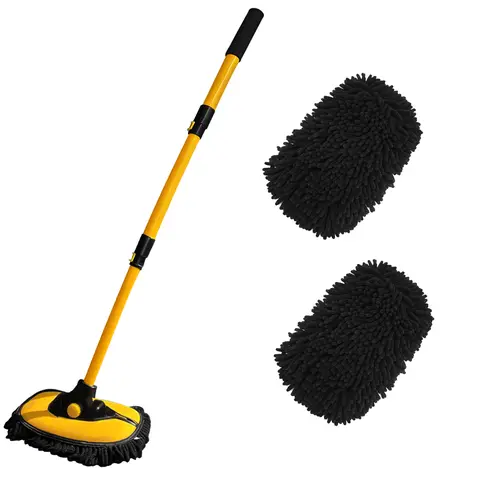 YeewayVeh 22.8"-43" Soft Scrub Car Wash Kit with 15° Curved Adjustable Head Handle, 11" Wide Coverage Replaceable Chenille Microfiber Mop Head for RVs, Trucks (Yellow) – Car Detailing Tools