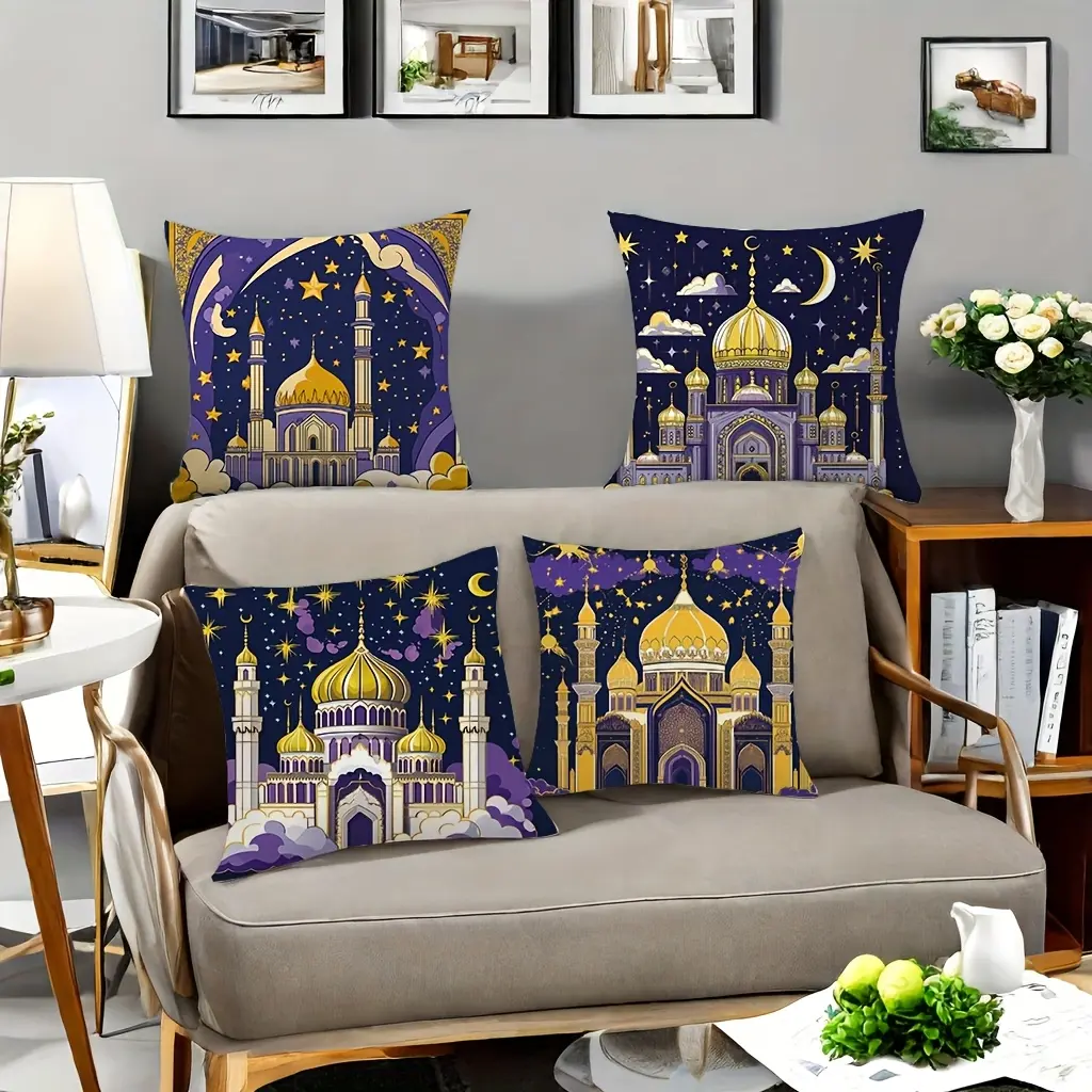 4pcs Ramadan & Eid Decorative Pillow Covers Traditional Islamic Mosque & Crescent Moon Starry Sky Design, Soft Machine-Washable Fabric with Zipper Closure for Home Decor, Eid al-Fitr & Eid al-Adha Celebrations
