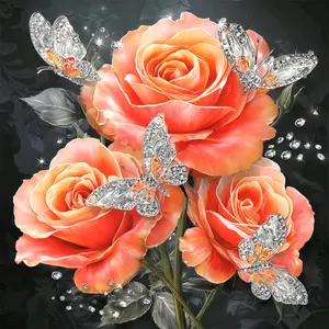 Orange Roses with Silver Rhinestone Butterflies, Multiple sizes available including square and round diamonds. This 5D DIY diamond painting set diamond art embroidery kit handmade furniture decor holiday birthday art personalized gift.