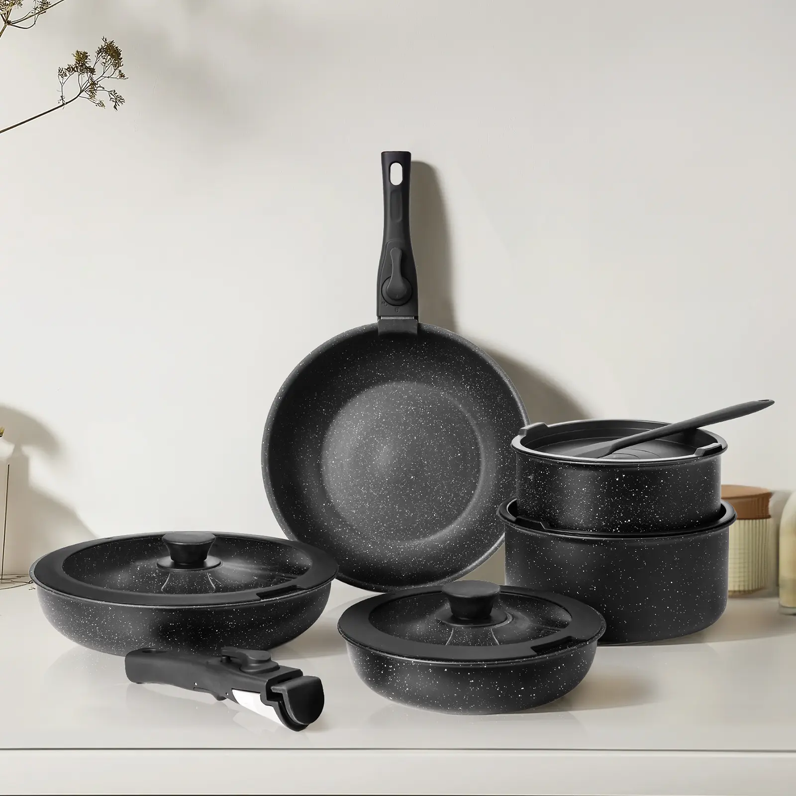 12pcs Pots and Pans Set, Nonstick Cookware Sets with Detachable Handle, RV Kitchen Cooking Set Removable Handles, Oven Safe, Dishwasher safe, Stackable, Black