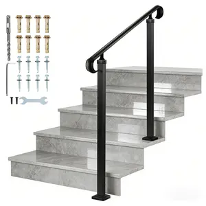 Handrails for Outdoor Steps,2 to 3 Steps HandRail Outdoor Stair Railing, Adjustable Height, Metal Porch Railing, Deck Hand Rail, Black Wrought Iron Railing with Installation Kit for Concrete Steps