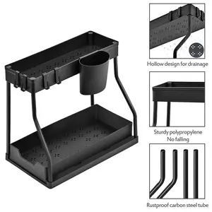 Double-layer storage rack with sliding pull-out baskets and reinforced load-bearing frame; suitable for kitchens, bathrooms, toilets, laundry rooms, dressing tables, and side tables; maximizes storage space and helps keep items organized.