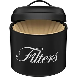 Black Basket Coffee Filter Holder With Lid - Round Container for Counter Storage - Rustic Farmhouse Bar Accessories Decor