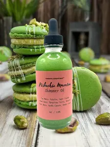 Pistachio Macaron Moisturizing Body Shimmer Oil 120ml - Organic Coconut & Jojoba Oil with Apricot Oil & Vanilla Scent for Radiant Glow by Karafa Essentials