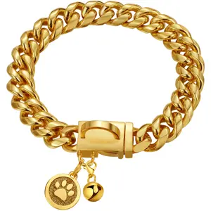 Dog Collar 14mm Cuban Link Dog Collar with Secure Snap Buckle Dog Chain Collars Gold Chain 18K Stainless Steel Metal Dog Gold Chain for Puppy Small Medium Large Dogs with Dog tag & Bell