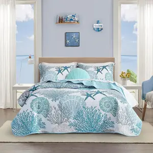 3 count Coastal Quilt Sets Full/ Size - Reversible Microfiber Quilts with 2 Shams Soft Lightweight Beach Bedding Nautical Bedspread Coverlet Summer Comforter for All Season, 90''x96'', C1