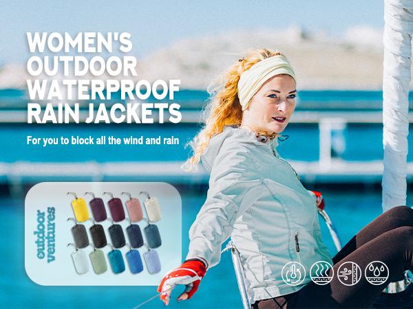 Outdoor Ventures Women's Packable Casual Polyester Long Sleeve Sporty Chic Waterproof Hooded Rain Jacket for Female Cycling