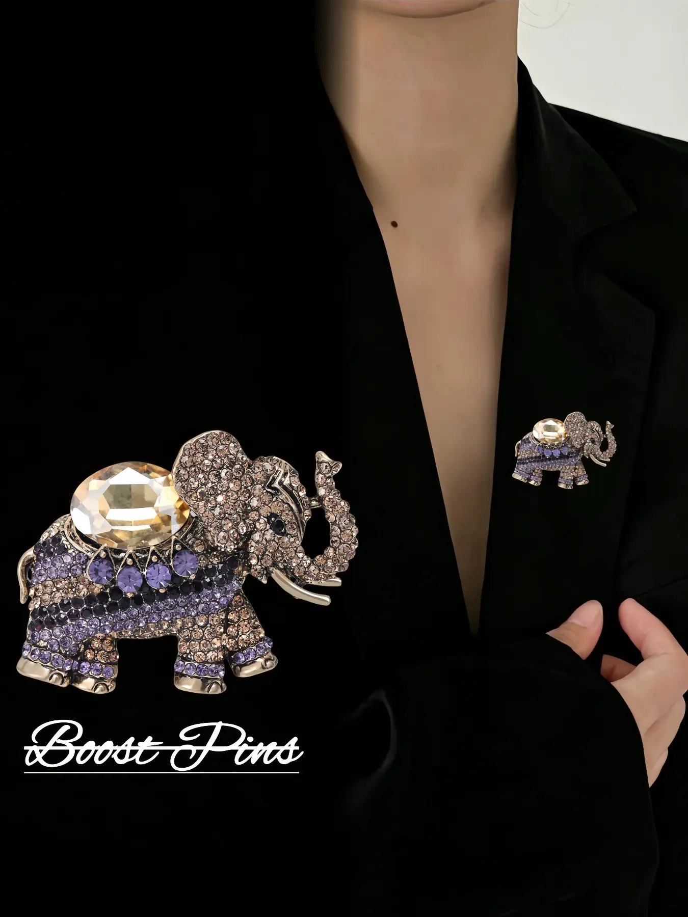 Gold Tone Crystal Elephant Brooch, Multi-Color Rhinestone Variants, Vintage Lucky Charm Statement Lapel Pin, Women's Fashion Jewelry, Elegant Accessory for Coats & Scarves, Ideal Gift for Elephant Lovers
