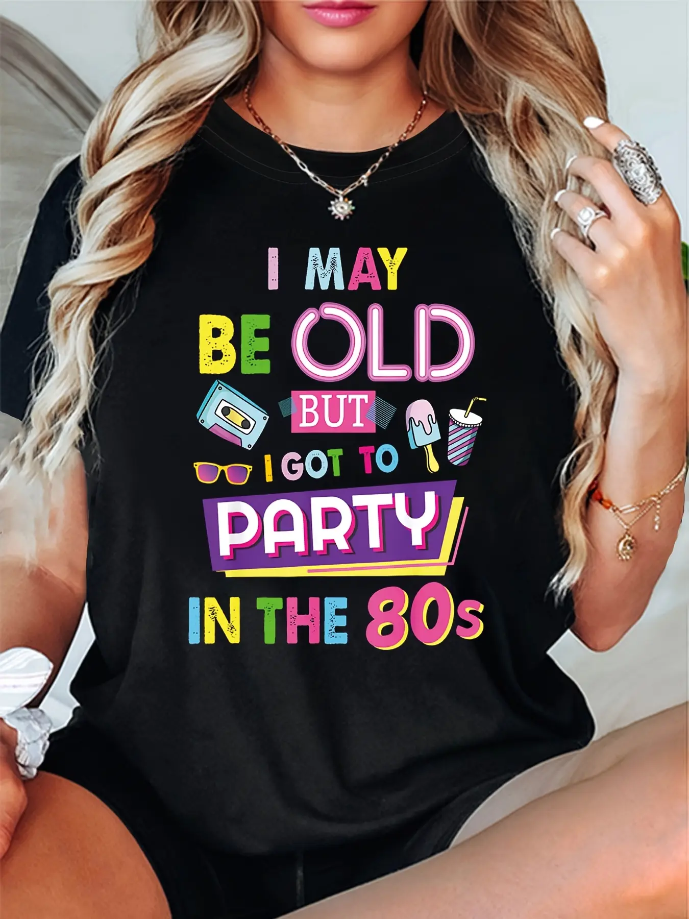 Women's 80s Vintage T-Shirt-Neon 80s Party Dress W unisex soft cotton short sleeve t shirt, vintage graphic casual tee for men women teens, perfect birthday holiday gift for camping travel gym daily street  wear