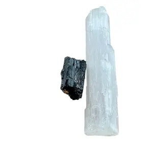 Protect Your Home, Car Protection, Safe Driving: Selenite and Black Tourmaline Natural Raw Crystals, 6-8 inch selenite, 1-2 inch tourmaline