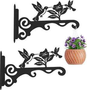 Elegant Bird Pattern Wall Hooks - 10/12/14 Inch Metal Plant Hangers for Indoor & Outdoor - Rust-Resistant Bracket for Plants, Feeders, Chimes, Lanterns (2, Black, 10 inch)