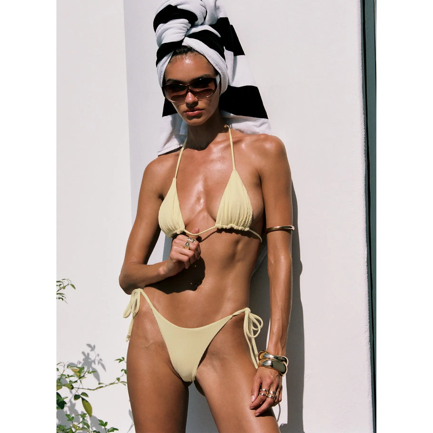 Glora Ribbed Tie Side Bikini Bottom Yellow