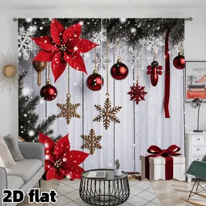 2D Flat 2Pcs Christmas Poinsettia Curtain Panels, Red Holiday Ornaments Print, Rustic Snowflake Pattern, Rod Pocket Top, Semi Sunshade Polyester Fabric, Perfect for Living Room Bedroom Kitchen Window Decor, Festival Gift Treatment, Home Decor Ornaments