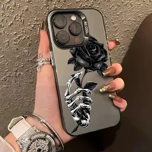 Case for iPhone 16 Pro Max 15 Plus 14 13 12 11 XS XR Black Rose Matte Shockproof Anti-Scratch Stylish Smartphone Cover