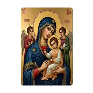 1pc Virgin Mary and Child Jesus Tin Painting Icon - Blue and Red Dress Marian Image Metal Tin Sign - Rustic Iron Wall Art for Home, Office, Cafe, Bar, and Garage Decor - Easy to Hang, Versatile for Holiday and Seasonal Decorations