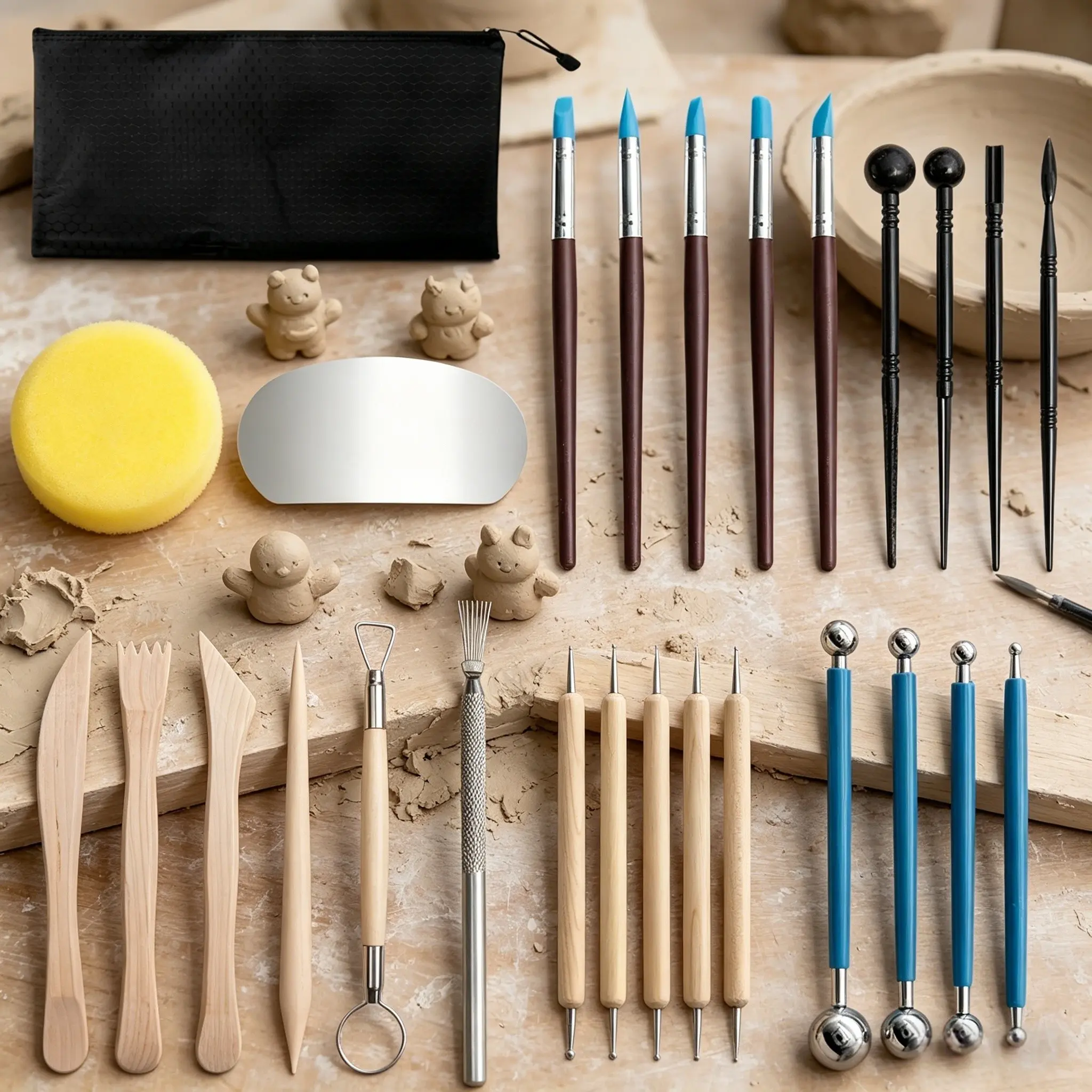 27 piece set of ceramic and clay sculpture tools, Crafts, Clay Sculpting Tools, equipped with storage bags, sponges, shaping pens, steel ball rods, scrapers, embossing, clay sculpture tool repair, shaping, oil and clay carving, very suitable for beginners