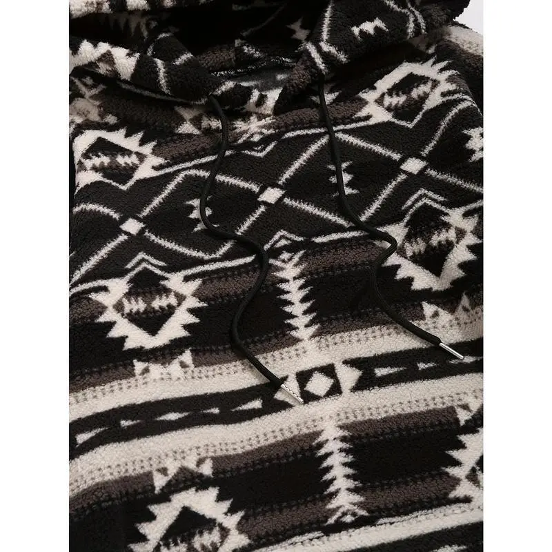 Ethnic Style Geometric Pattern, Men's Loose Polar Fleece Hoodie For Winter & Fall, Hooded Sweatshirt With Drawstring And Kangaroo Pocket Ethnic Style Geometric Pattern, Men's Loose Polar Fleece Hoodie For Winter & Fall, Hooded Sweatshirt With Drawstring And Kangaroo Pocket