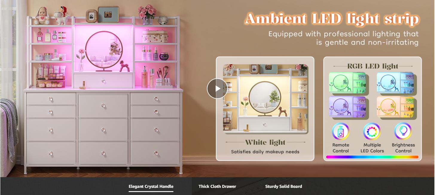 Raybee Dresser for Bedroom with 12 Drawers & LED Lights, Stylish Fabric Dresser Chest of Drawers with Open Shelves& Crystal Handles, Vanity Storage Organizer Unit, Multi-Functional Furniture, Metal Frame & Wooden Shelf for Entryway, Closet, Living Room Raybee Dresser for Bedroom with 12 Drawers & LED Lights, Stylish Fabric Dresser Chest of Drawers with Open Shelves& Crystal Handles, Vanity Storage Organizer Unit, Multi-Functional Furniture, Metal Frame & Wooden Shelf for Entryway, Closet, Living Room