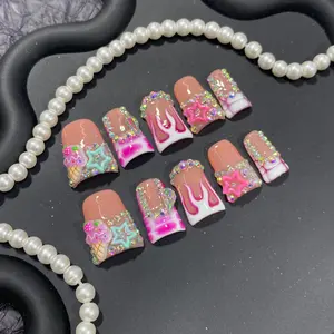 10pcs Duckbill Shape Nail Art Stickers, Flame Nails with Ice Cream Pendant, Stars & Rhinestones, Reusable Y2K Gothic DIY False Nails, Glittering Fake Nails