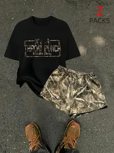 Women's Letter Tree Print Casual T-Shirt and Shorts Set, Summer Fitted Two-Piece, Comfortable Daily Wear, All Seasons