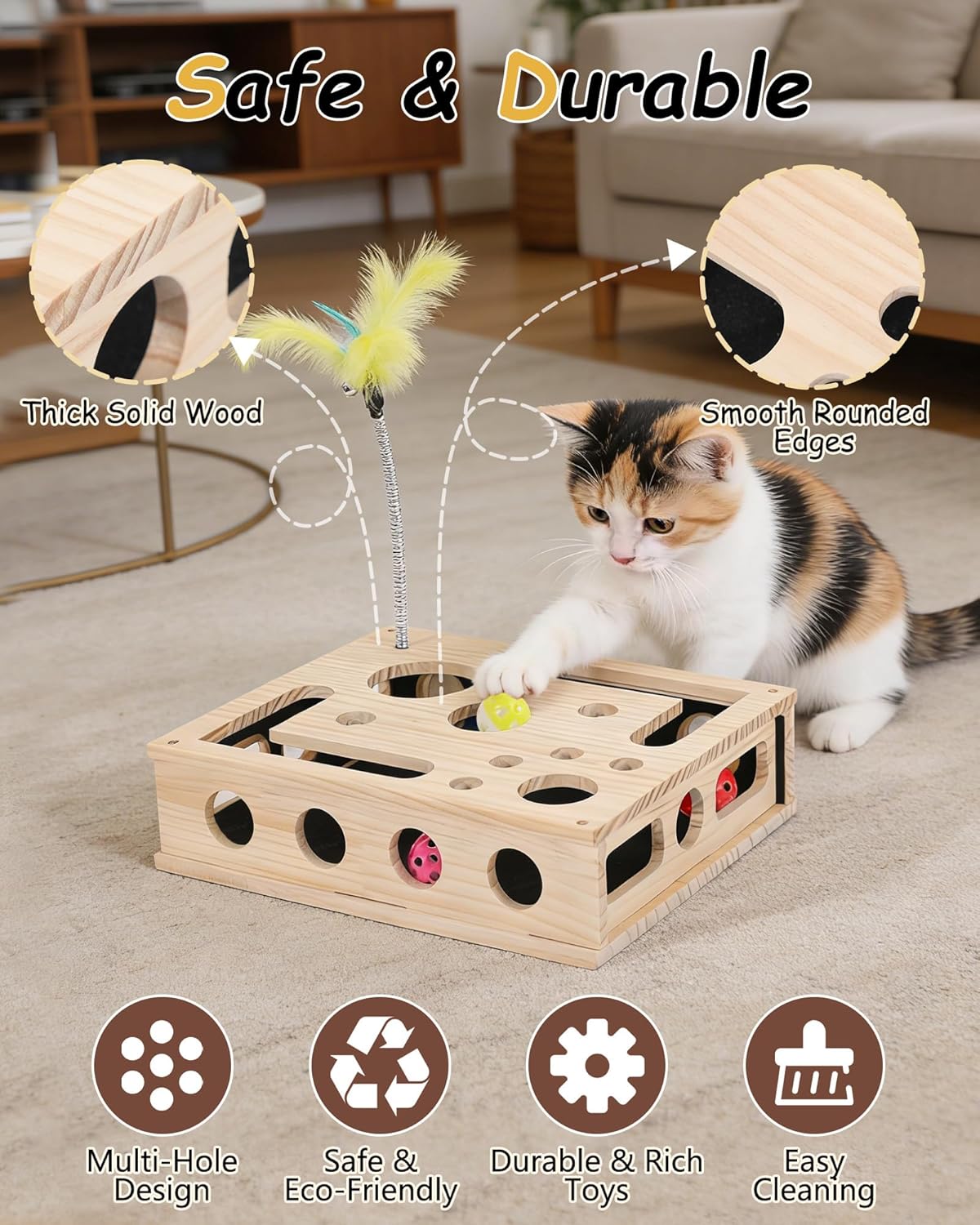 Cat Toys for Indoor Cats - Interactive Box Puzzle Toy Nail File Scratcher Hunting Play Toy with 3 Jingle Balls & 1 Feather Wand, Wooden Puzzle Treat Toy Box Energize Cat Instincts for Bored Cats Cat Toys for Indoor Cats - Interactive Box Puzzle Toy Nail File Scratcher Hunting Play Toy with 3 Jingle Balls & 1 Feather Wand, Wooden Puzzle Treat Toy Box Energize Cat Instincts for Bored Cats