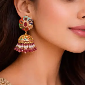Nauratan Small Jhumka Earrings - Traditional Nauratan Material, Subtle Jhumki Design for Everyday Wear, Ideal for Casual & Party Occasions