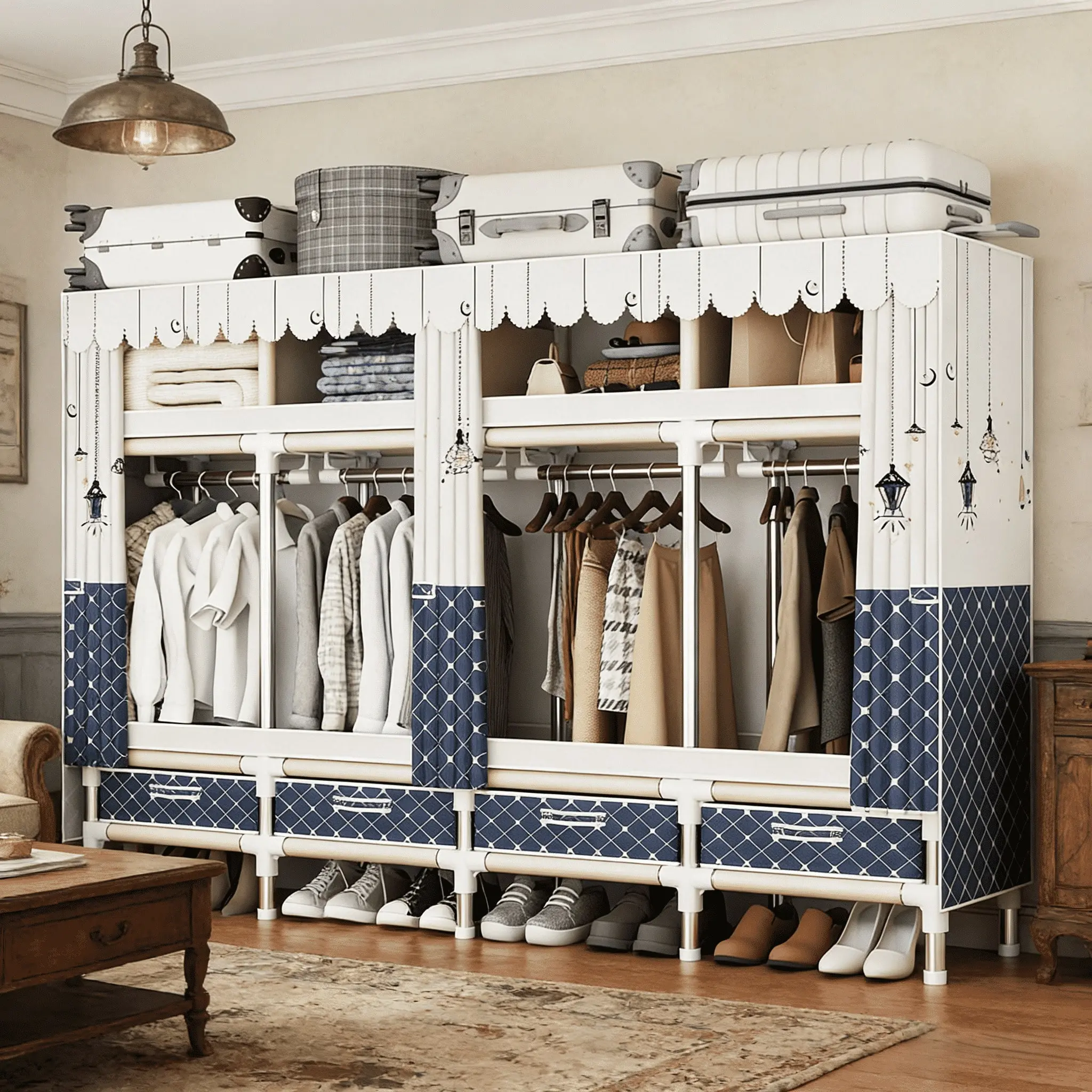 Portable Wardrobe Freestanding Closet - Heavy Duty Metal Frame with Multicolor Fabric Cover | 4 Storage Compartments, 4 Hanging Rods, 4 Drawers | Space Saving Clothing Organization | Perfect for Apartments, Dorms, Bedroom, Living Room