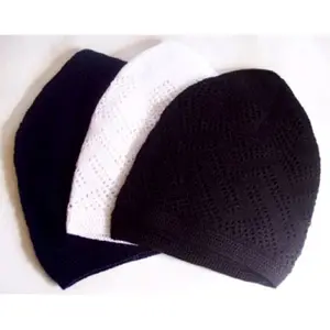 Premium Knitted Mens Boys Islamic Prayer Cap Muslim Kufi Skull Hat Black White color(PACK OF 3)
