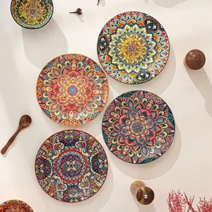 4 pieces of 8/10 inch ceramic shallow dishes, Bohemian style, dishwasher and microwave heatable, suitable for serving delicious dishes such as chicken wings, salads, steaks, pasta, etc. Ceramic tableware, ceramic plate set