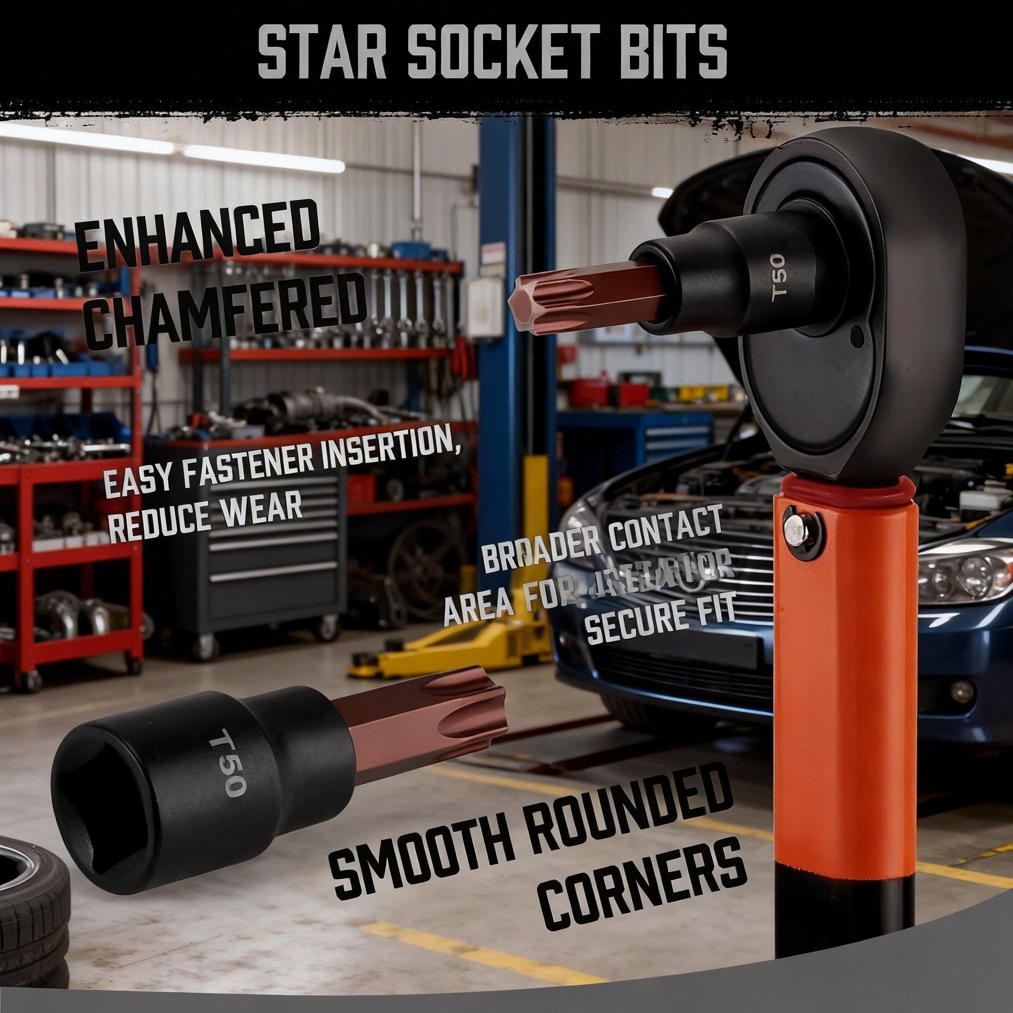 31-Piece Torx Bit Socket and External Torx Socket Set，E-Type Sockets, Torx Sockets, External Torx (T30, T40, T50), Internal Torx (E8, E10, E12, E14), and Torx Bits