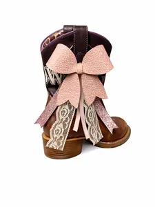 Boot Bow with Leather Pink Bow  - Pink and White - Set of 2