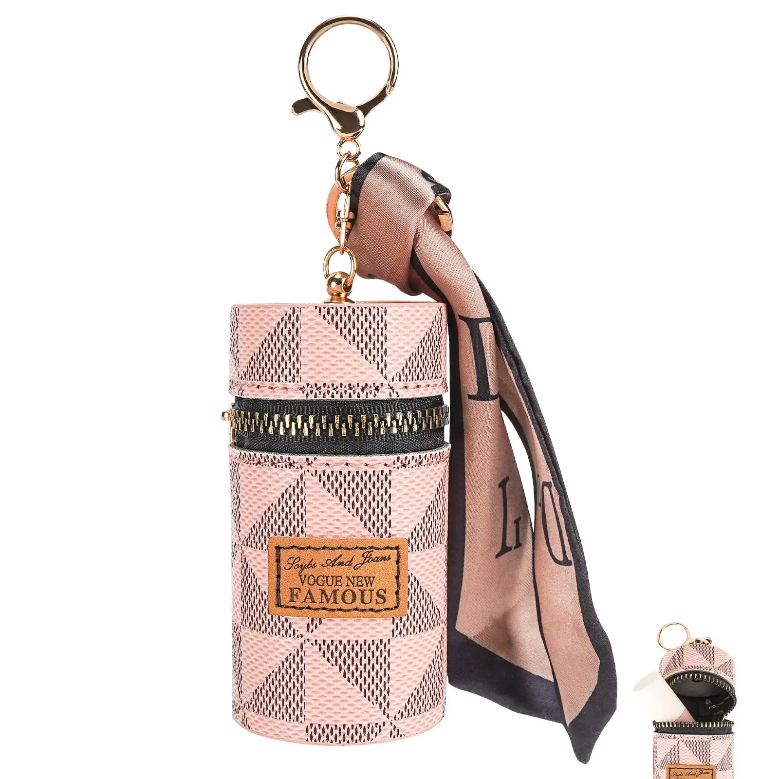 Old Flower Design Personalized Mini Lipstick Bag Keychain - Spring/Summer Round Barrel Mouth Accessory, Gold Metal, Large Capacity for Change Organization, Portable Bucket Bag Add-on, Organize, Casual Wear