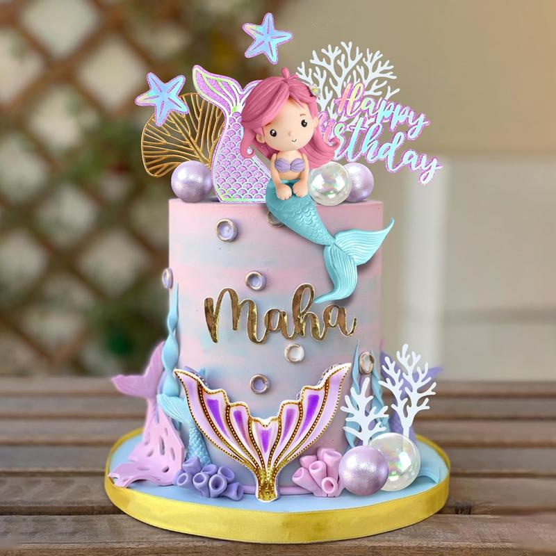 XY-SO25 Mermaid Cake Toppers with 3D Mermaid Shell Starfish Fishtail Balls for Kids Girls Birthday Party Baby Shower Supplies (Style1) Set Ornaments