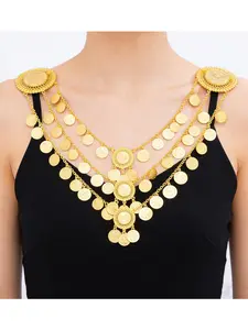 Ethnic Style Multi-Layer Alloy Coin Tassel Daily Wear Necklace, Exquisite Chain Jewelry, Layered Choker and Shoulder Chain, Middle Eastern Waist Chain Accessories