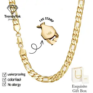 TrendyTok 14K Real Gold Plated Figaro Chain Necklace for Men 2-10mm Wide 20/24 Inch Italian-Style Cuban Link Tarnish Free Waterproof Hip Hop Streetwear Layering Jewelry Gift for Him mother's day gift for wife tiktokshopspringglowup summervibes