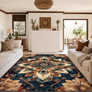 Bohemian Blue Floral Print Velvet Rug, Boho Persian Rug, Soft Comfortable Home Decor Carpet, Living Room Sofa Bedside Mat, Multi-Scene Use