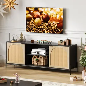 Rattan TV Stand for 65 Inch TV, TV Console with Adjustable Shelf, Entainment Center with Storage, Mid Century Modern TV Stand for Living Room, Bedroom