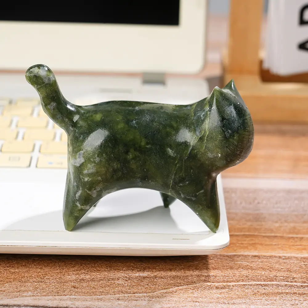 3.74x2.8" Green Jade Cat Carving, Semi-finished Non-natural Crystal Jewelry Accessory