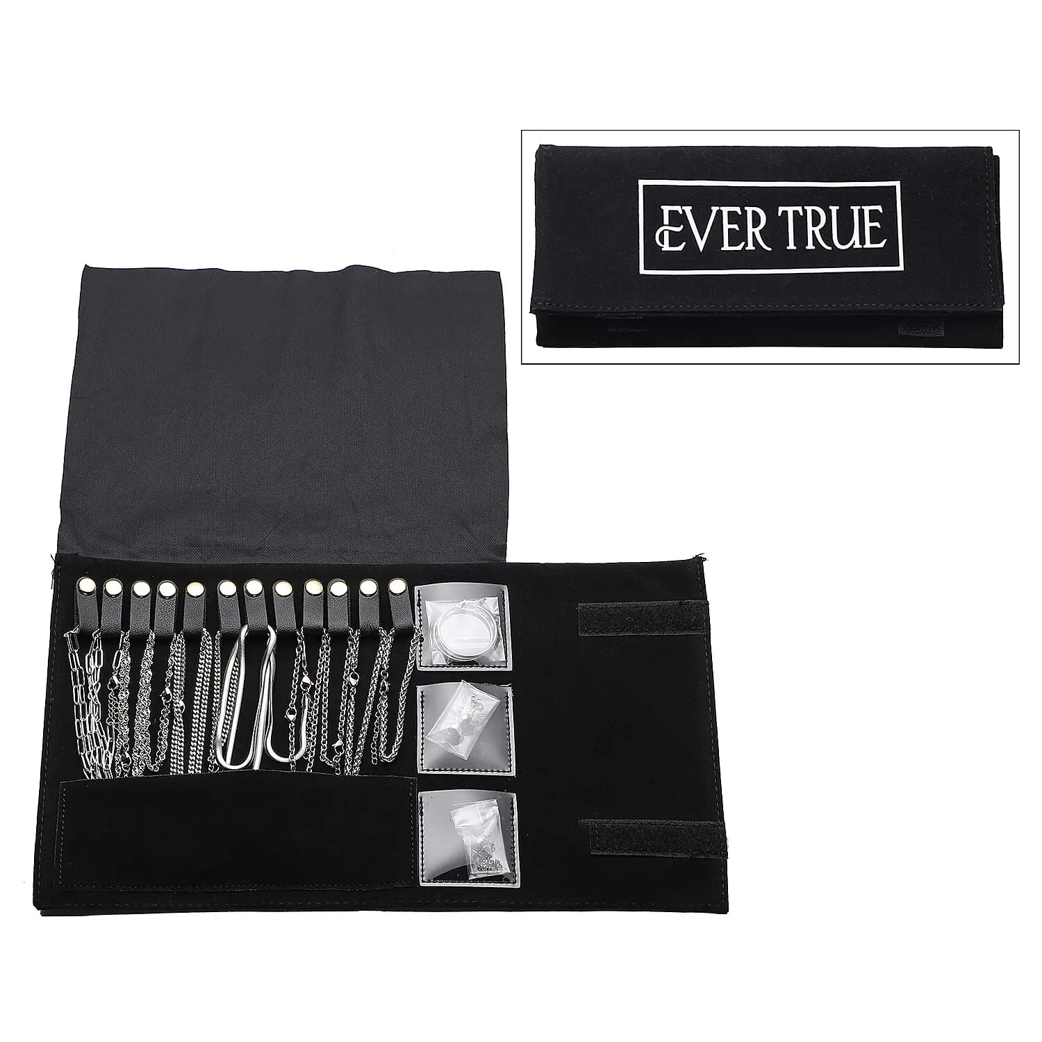 EVER TRUE 18Kt White Gold Plated 15 Piece Necklace, Bracelet, Earrings and Extender Set in Stainless Steel with Velvet Travel Organizer