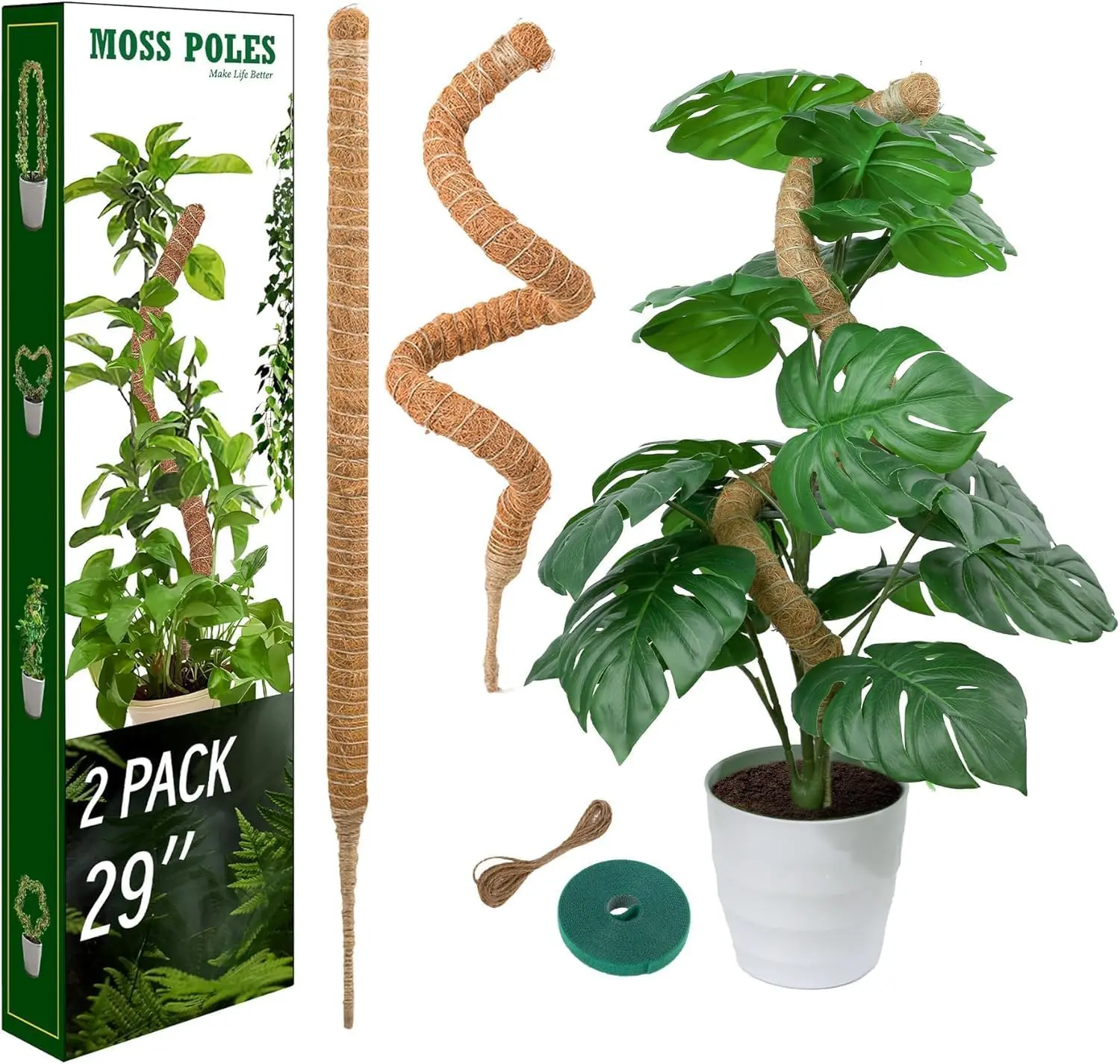 2 Pack Moss Pole for Monstera, Bendable 29" Coco Coir Plant Support with Rustproof Aluminum Core, Plant Support Stakes for Climbing Indoor Plants, Pothos, Philodendron