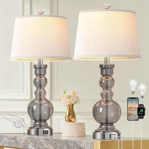 3-Way Dimmable Touch Control Clear Grey Glass Table Lamps Set of 2 with USB A+C for Modern Comtemporary Bedroom Nightstand Living Room Decor(Bulbs Included) (Grey)