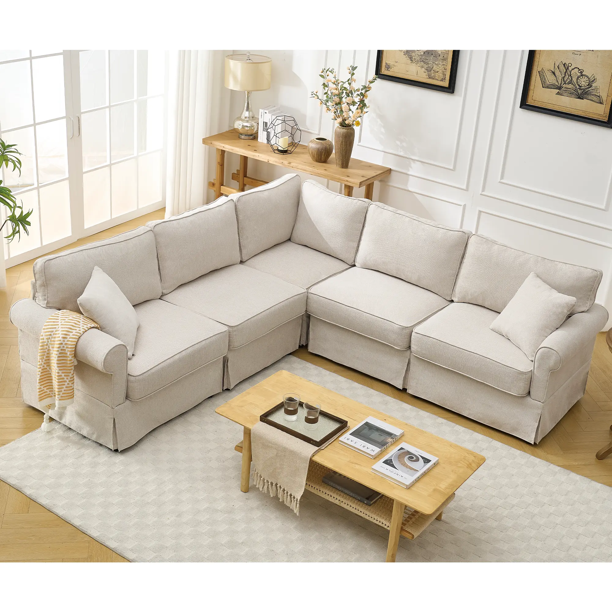 Niccae Modular Sectional Sofa Set,Convertible L Shaped Couch ,5 Seat,Reversible Sectional Sofa Couch,Upholstered,Corner Sofa,Rolled Arms,Soft Linen Fabric, Dark gray