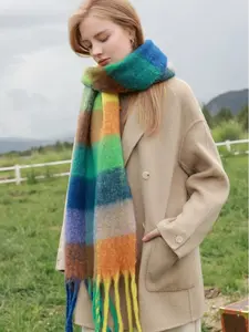 Multi-Colored Plaided Fluffy Scarf Oversized Shawl in Cashmere Wool for Casual Winter Wear, Soft and Warm Design scarves