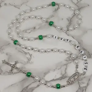 Personalized Rosary Prayer Beads Meditation with Green Accents and Custom Name Ivy Elise Design